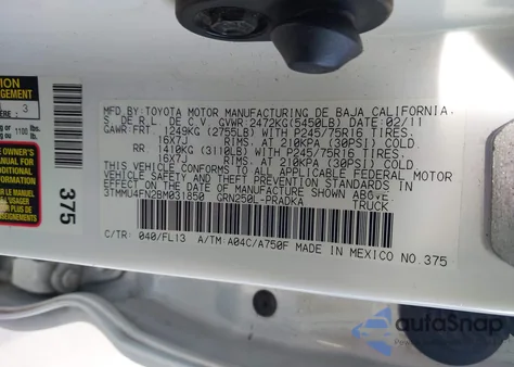 2011 Toyota Tacoma Base V6 z USA, uszkodzony, nr VIN 3TMMU4FN2BM031850